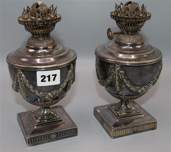 Pair of silver plated Brittania metal oil lamps